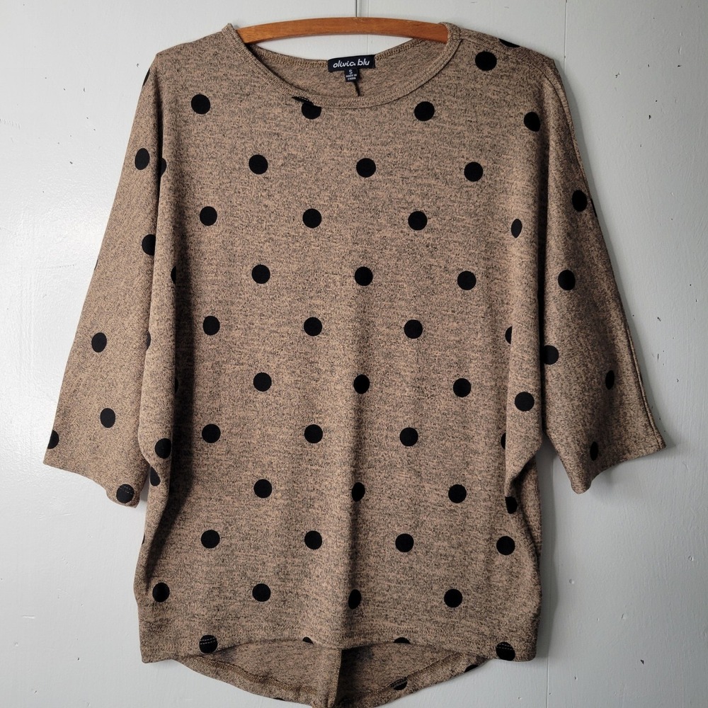 Olivia Blu Polka Dot Knit Top Oversized Women's Sz S‎ Beige Black Dolman Sleeve - Picture 2 of 13